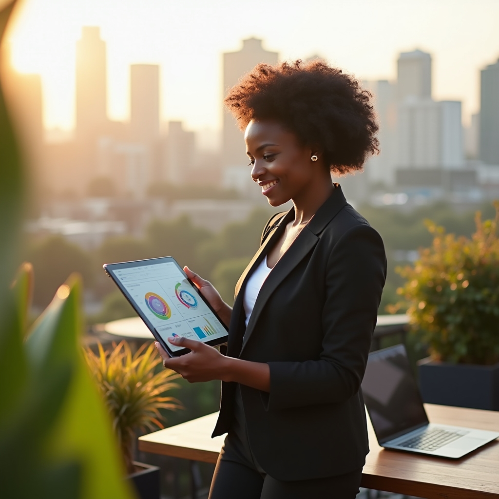 Professionista analizza una dashboard di business intelligence su un terrazzo attrezzato come spazio di lavoro