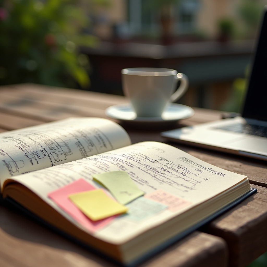 Quaderno di appunti e materiali del corso di business intelligence su un tavolo di lavoro